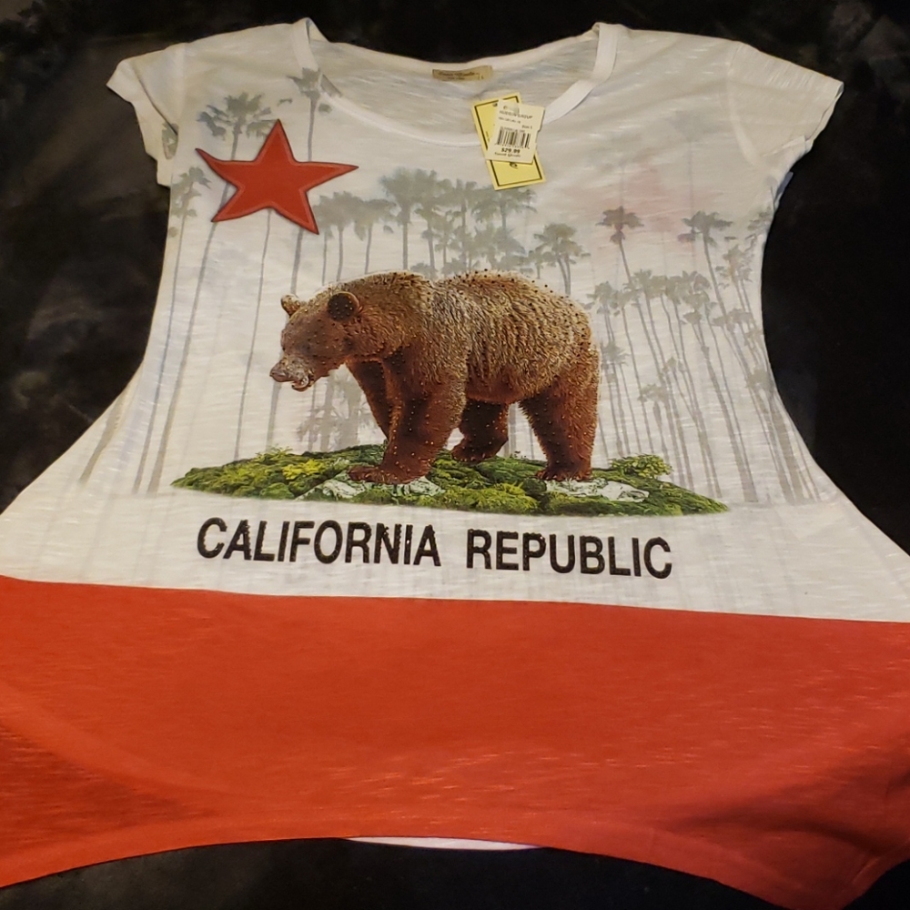 Graphic tee with rhinestone detail and draping hem